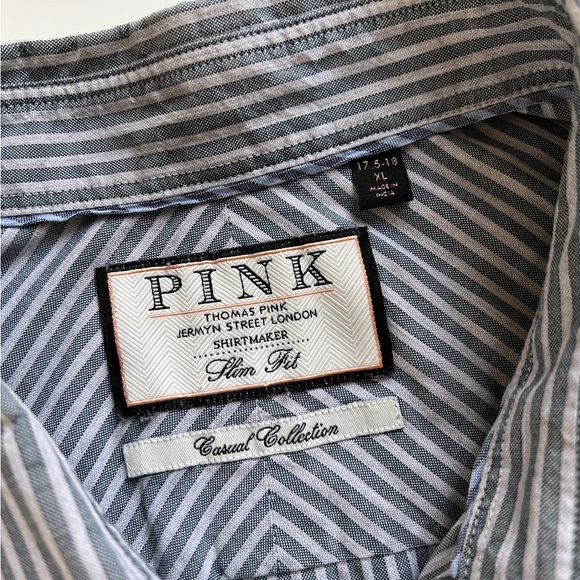 THOMAS PINK Mens Dress Shirt 17.5-18 XL Grey Stripe Slim Fit Casual Collection - Picture 10 of 12